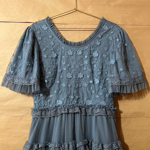 JessaKae | Harper Dress Embroidered Tulle Tiered Midi Dress Slate Blue Size XL - Picture 4 of 13